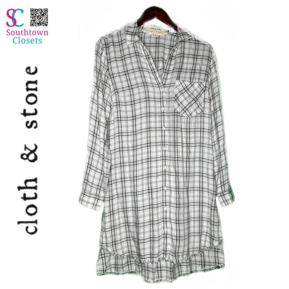Cloth and Stone Plaid Button Down Collar Short Roll-Tab Sleeve Mini Shirt Dress
